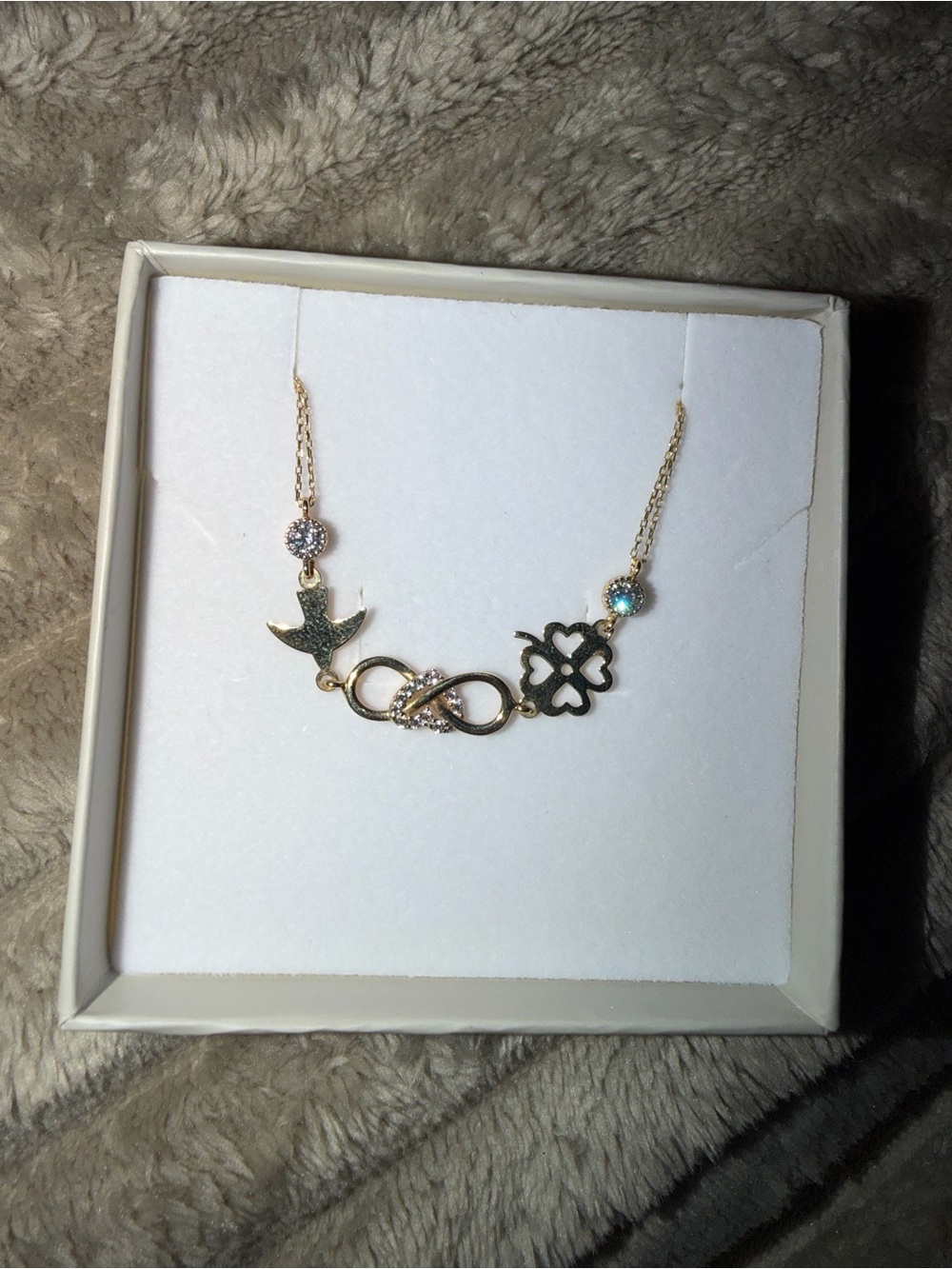 Gold Tone Infinity, Dove & Clover Pendant Necklace - Gold